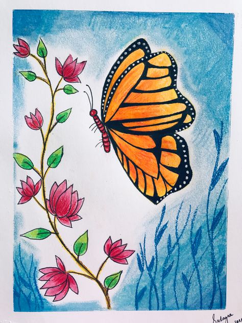 Butterfly Garden Drawing Easy, Spring Pencil Drawings, Whimsical Butterfly Art, Butterfly Garden Drawing, Things To Draw With Crayons, Butterfly Drawing For Kids, Butterfly Drawing Easy, Draw Sea Animals, Draw Sea