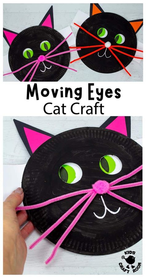 How to make a Black Cat Craft With Moving Eyes. Cat Crafts Kids, Halloween Cat Crafts, Black Cat Craft, Cat Crafts Preschool, Craft For Halloween, Paper Plate Craft, Paper Plate Crafts For Kids, Kids Craft Room, Moving Eyes