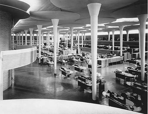 Frank Lloyd Wright Corporation Building, Johnson Wax, Second Floor Balcony, Sc Johnson, Building Interior, Paris Cafe, Organic Architecture, Rustic Lighting, Frank Lloyd