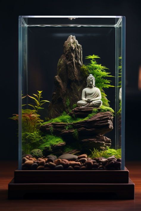 The beauty of Zen aquarium ideas lies in their simplicity and the profound sense of calm they can instill. Learn how to create an aquarium that serves as a focal point for relaxation and meditation in our latest blog post. Click to discover the essentials of Zen-inspired design. Terrarium Ideas Fish Tank, Creative Fish Tank Ideas, Buddha Fish Tank Ideas, Zen Terrarium, Zen Aquascape, Zen Fish Tank, Fish Terrarium, Mini Aquarium Ideas, Aquarium Design Ideas