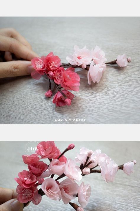 How To Make Cherry Blossom Paper Flower - Tissue Paper Flower - AMY DIY CRAFT Cherry Blossom Centerpiece, Cherry Blossom Wedding Theme, Cherry Blossom Decor, Cherry Blossom Party, Sakura Wedding, Flowers Paper Craft, Beauty On A Budget, Spring Door Decoration, Cherry Blossom Theme