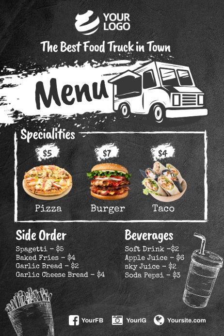 Design created with PosterMyWall Food Truck Flyer Ideas, Food Truck Menu Board Ideas, Food Truck Poster, Food Truck Menu Ideas, Loaded Food, Cook Logo, Menu Poster, Food Truck Menu, Cafe Menu Design