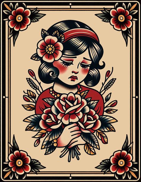 Women’s American Traditional Chest Tattoo, Traditional Lady Head Tattoo Flash, American Traditional Painting, Rhythm Tattoo, Traditional Lady Tattoo, American Traditional Woman, Tattoo Frame, Traditional Tattoo Girls, Sailor Jerry Tattoo Flash