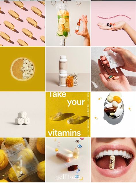 Vitamins brand moodboard for Instagram featuring bright colors, natural elements, and a modern #Mary_Kay #Supplement_Packaging #Vitamin_Brands #Supplements_Packaging Moodboard For Instagram, Nutritionist Branding, Take Your Vitamins, Instagram Photoshop, Brand Moodboard, Vitamin Brands, Car Advertising Design, Supplements Packaging, Beauty Vitamins