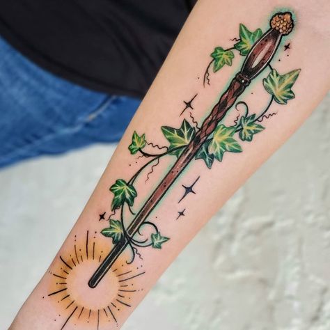 Witch Wand Tattoo, Wand Tattoos, Golden Tattoo, Harry Potter Tattoo Sleeve, Dino Tattoo, Tattoo Dream, Bestie Tattoos, Dinosaur Tattoo, Wand Tattoo