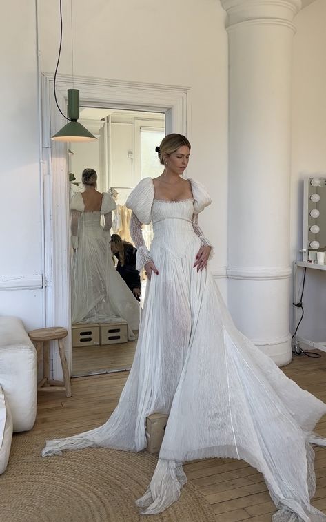 Stunning wedding dress with statement sleeves and draped a line skirt. The macye dress by cinq bridal The Macye Cinq, Juliette Sleeve Wedding Dress, Unique Sleeved Wedding Dresses, Wedding Dress With Baggy Sleeves, Long Sleeve Unique Wedding Dresses, Drop Waist Long Sleeve Wedding Dress, Wedding Dresses Cinq, Detachable Sleeves For Wedding Dress, Cinq Bridal Dresses