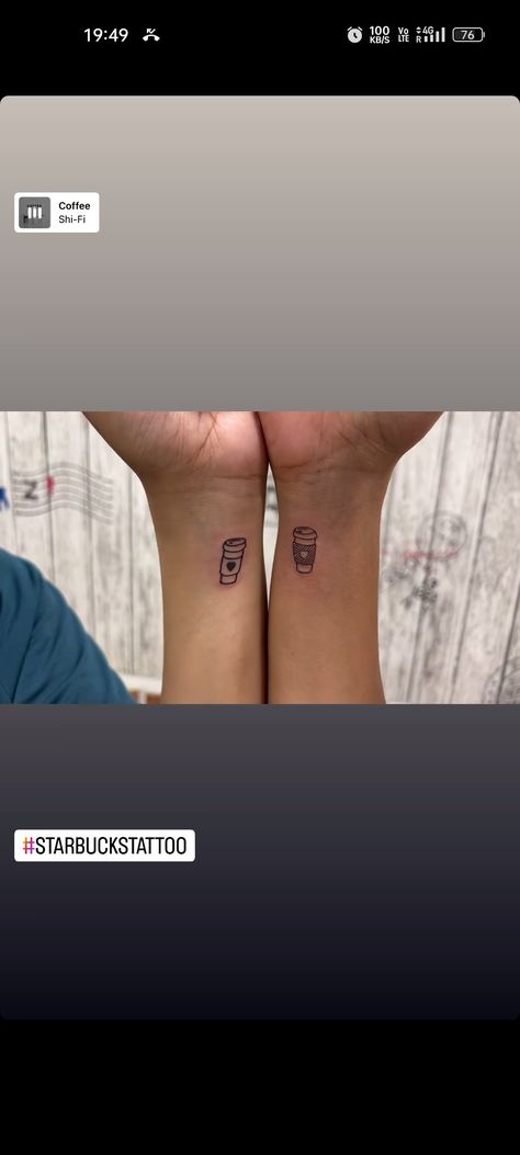 Coffee Best Friend Tattoo, Coffee Friendship Tattoo, Coffee Tattoo For Couples, Starbucks Tattoo Ideas, To Go Coffee Cup Tattoo, Starbucks Coffee Tattoo, Best Friend Coffee Tattoos, Coffee Couple Tattoo, Coffee Matching Tattoo