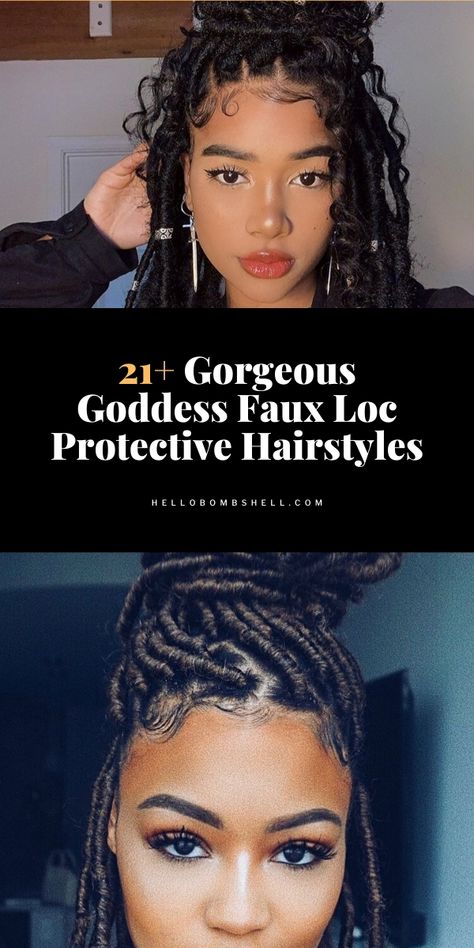 Bohemian Goddess Faux Locs Hairstyles, Megan Good Hairstyles Faux Locs, Goddess Loc Styles, Faux Locs Hairstyles Updo High Bun, Faux Locs Knotless, Faux Loc Bob Style Crochet, Salt And Pepper Faux Locs, Styling Goddess Locs, Goddess Locs Hairstyles For Women