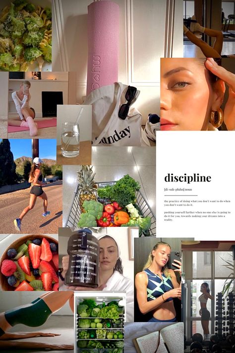 Vision board/collage. Inspiration for others to stay motivated. My vision board presents pretty girls that are working out, healthy food, big gallon water bottle to hydrate (link for it is here - just tap the photo) body goals, definition of discipline because it is a key to success. Vision board inspires other people to keep going, to stay consistent, to change their lifestyle to healthier. Lifestyle Inspo Inspiration, Summer Inspiration Body Healthy, Fit Healthy Girl, Being Fit Aesthetic, Get Fit Aesthetic, Summer Body Motivate, That Girl Aesthetic Fitness, Body Workout Motivation, Health Girl Era