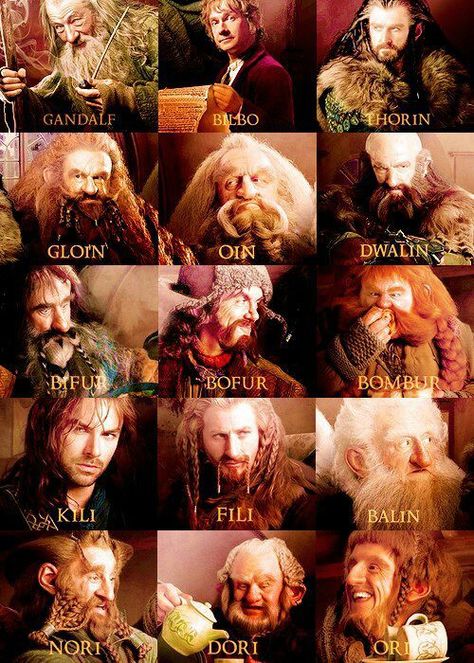 Know your dwarves (and other Hobbit characters) ...  Gandalf, Bilbo, Thorin, Gloin, Oin, Dwalin, Bifur, Bofur Bombur, Kili, Fili, Balin, Nori, Dori, Ori, dwarf, The Hobbit, Tolkien, Oakenshield, hobbit Concerning Hobbits, Anniversaire Harry Potter, Into The West, An Unexpected Journey, Nerdy Things, Nerd Life, Thranduil, Jrr Tolkien, Gandalf