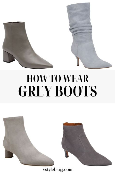 “Do grey boots go with everything?” is a question I often get asked. The short answer is: no. No, they don’t. But fear not. If you love grey boots, I’m here to help you figure out what to wear with them. Grey is considered a neutral so women purchase grey boots thinking they will be a staple in their wardrobe, but then realize they are not that versatile. The main issue is most grey boots are a non-neutral shade of grey. They can be more taupe than grey or have a tint of purple or green. Outfits With Grey Boots Ankle, Gray Boots Outfit Ankle, Grey Suede Boots Outfit, Gray Booties Outfit, Gray Ankle Boots Outfit, Grey Booties Outfit, Grey Ankle Boots Outfit, Suede Ankle Boots Outfit, Taupe Boots Outfit