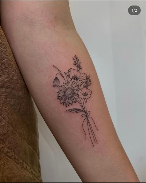 Daisy And Poppy Flower Tattoo, Bouquet Arm Tattoo, Bouquet With Ribbon Tattoo, Bouquet Of Flowers Drawn By Family Tattoo, Floral Bouquet Tattoo Forearm, Sunflower Rose And Lily Tattoo, Fine Line Sunflower Bouquet Tattoo, September Flower Bouquet Tattoo, Small Floral Bouquet Tattoo