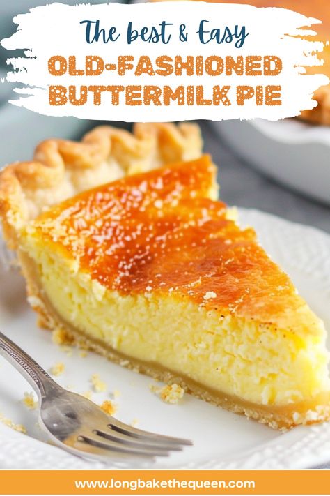 Indulge in the nostalgia of an Old-Fashioned Buttermilk Pie with this easy, delicious recipe. Perfectly creamy and just tangy enough, it combines simple ingredients like buttermilk, vanilla, and lemon juice in a flaky crust. Ideal for holidays or a sweet family treat. Ready in just an hour! Pin this recipe now for a timeless dessert that everyone will love. Homemade Buttermilk Pie, Sugar Free Buttermilk Pie, Buttermilk Pie Crust Recipe, Southern Buttermilk Pie Recipes, Best Buttermilk Pie Recipe, Buttermilk Pies Recipes, Recipes With Buttermilk Baking Desserts, Jiffy Pie Crust Mix Recipes, Buttermilk Pie Easy