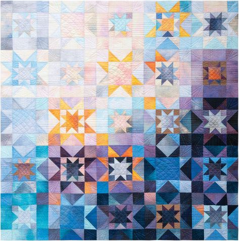 Dawn Star designed by Jennifer Sampou. Features Sky by Jennifer Sampou, shipping to stores October 2019. Pattern available for purchase (ctpub.com/ombre-quilts) Ombre Fabric, Amish Quilts, Quilt Care, Fabric Kit, Robert Kaufman Fabrics, Star Quilts, Lap Quilt, Book Quilt, Quilt Sizes