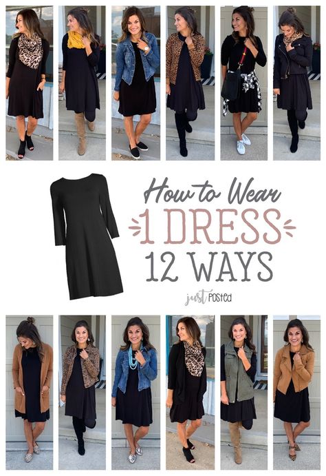 How to wear one black dress 12 ways #justpostedblog #ShopStyle #shopthelook #MyShopStyle #OOTD #LooksChallenge #ContributingEditor #Lifestyle Jacket Over Black Dress, All Dresses Wardrobe, How To Style A Long Sleeve Dress, Black Long Sleeve Dress Outfit Fall, Black Dress With Denim Shirt, Dresses That Can Be Worn Different Ways, Black Hair Dress Outfit, One Shirt 10 Ways, Black Dress Long Sleeve Outfit