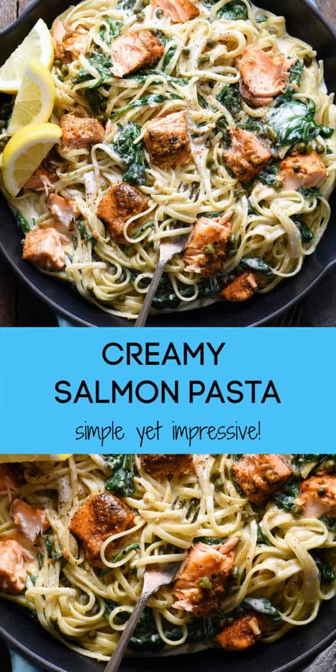 Salmon Pasta Recipe, Creamy Salmon Pasta, Salmon Pasta Recipes, Creamy Salmon, Pescatarian Diet, Pescetarian Recipes, Date Night At Home, Garlic Butter Salmon, Night Recipes