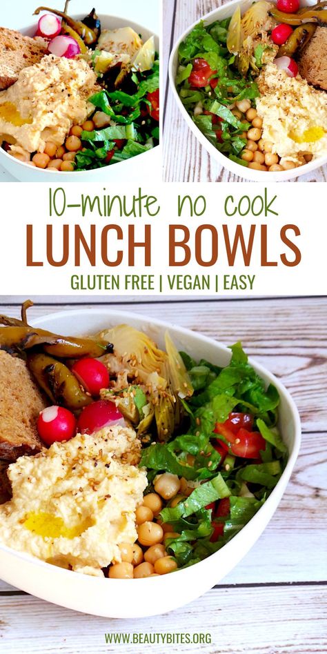 Make this vegan lunch bowl in less than 10 minutes! This no cook bowl is an easy healthy lunch recipe to help you lose weight, and stay on track with your diet even if you haven’t meal prepped. No Prep Healthy Lunch, Easy Healthy Meals No Cook, 5 Min Meals Healthy, Lunch Salad Bowls, No Cook Vegan Lunch, No Cook Vegetarian Lunch, No Heat Vegan Lunch, Blue Zone Lunch Ideas, No Cook Lunch Meal Prep