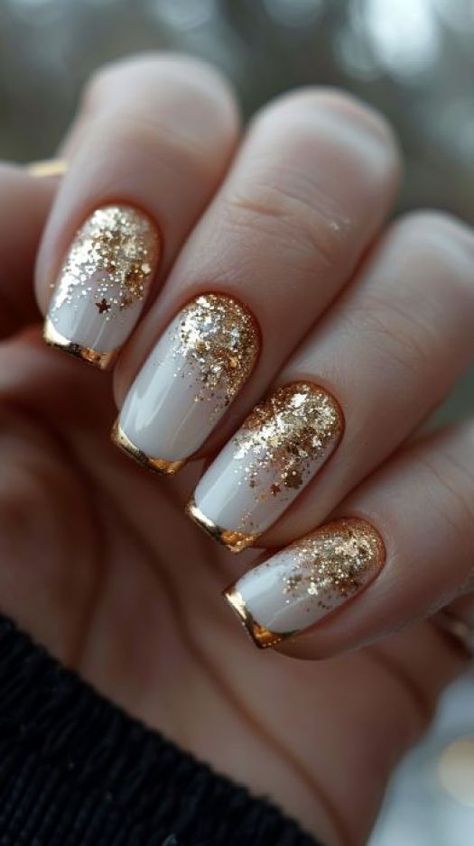 Gold Glitter Nails Gold Design Nails Nailart, Nails For Guest At Wedding, Fall Nails With Gold Glitter, Pretty Nails For Wedding Guest, Gel Polish Nail Designs Glitter, Nail Designs With Gold Glitter, Gold Tip Nail Designs, Gold French Nails Design, Blue And Gold French Nails