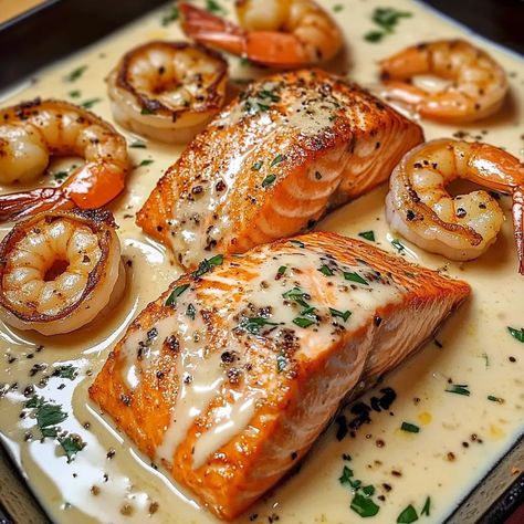 Salmon And Shrimp With Cajun Cream Sauce, Creamy Salmon And Shrimp Recipes, Salmon In Cream Sauce Recipe, Salmon With Cajun Butter Sauce, Cajun Salmon And Shrimp Recipes, Cajun Sauce Recipe For Seafood, Cajun Shrimp Recipes For Dinner, Salmon Wedding Dinner, Salmon And Prawn Recipes