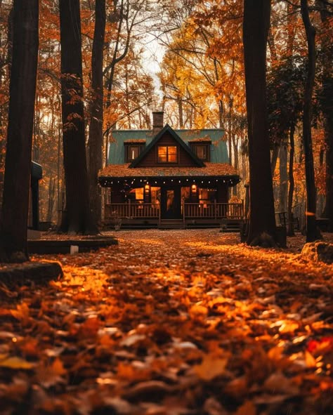 Fall Cabin Exterior, Fall House Exterior, Fall Cabin, Fall Woods, Autumn House, Fall Scenery, A Cabin In The Woods, Autumn Cottage, Fall Cottage