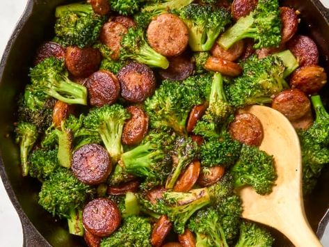 Sausage and Broccoli Skillet Recipe (4 Ingredients, 30 Minutes) | The Kitchn Sausage Skillet Recipe, Healthy Skillet Meals, Broccoli Sausage, Dinner Ideas Recipes, Broccoli Skillet, Lidia's Recipes, Sausage And Broccoli, Gluten Free Vegetables, Cajun Sausage