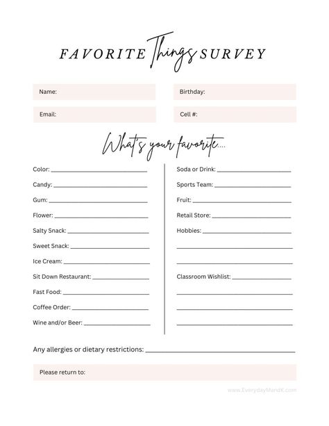 Favorite Things Survey, Classroom Wishlist, All About Me Printable, Small Business Quotes, Spa Ideas, Daycare Ideas, Dads Favorite, Free Teacher, Christmas School