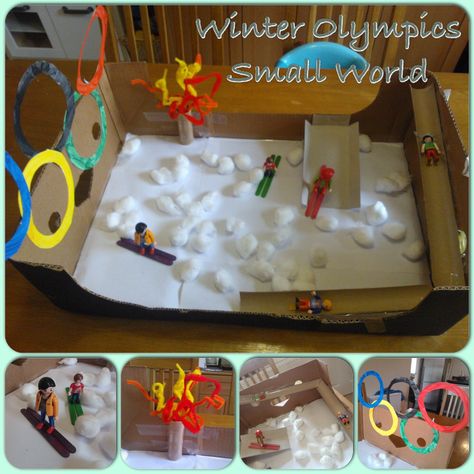 Winter Olympic Small World - a project to make together, a bit of painting, craft and junk modelling (the pipe cleaner twists is the Olympic Torch) Olympic Preschool Theme, Olympic Sensory Activities, Olympic Theme Activities For Toddlers, Toddler Olympic Crafts, Olympic Torch Art For Kids, Shavuot Crafts, Junk Modelling, Sand Tray, Olympic Crafts