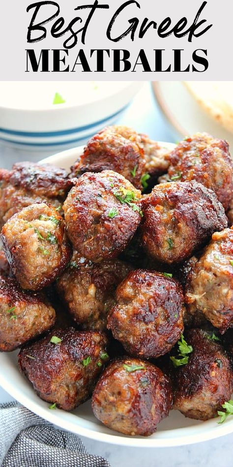 Greek Meatballs stacked up on a plate. Meatballs With Tzatziki Sauce, Lamb Meatballs Greek, Greek Turkey Meatballs, Mediterranean Couscous Salad, Simple Tomato Sauce, Ground Turkey Meatballs, Juicy Meatballs, Mediterranean Couscous, Sausage Meatballs