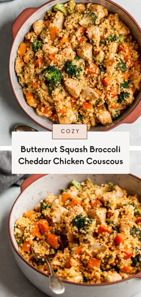 Cozy and delicious broccoli cheddar chicken couscous tossed with sweet and spicy roasted butternut squash. You'll love this easy, comforting dinner recipe for any night of the week! Kid-friendly and easily vegetarian, too. Butternut Squash Broccoli, Broccoli Cheddar Chicken, Chicken Couscous, Couscous Recipe, Pearl Couscous, Comforting Dinner, Chicken And Butternut Squash, Cheddar Chicken, Ambitious Kitchen