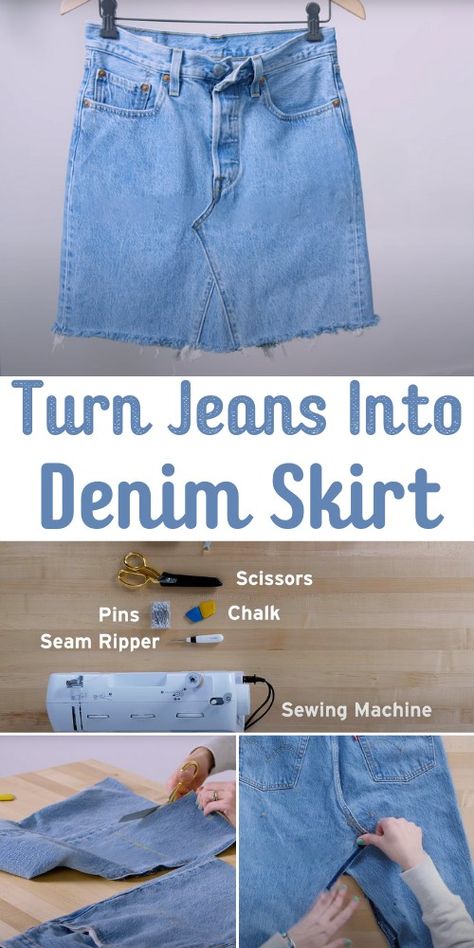 Upcycled Jean Skirt Diy, Denim Shorts Into Skirt Diy, Diy Denim Skirt From Jeans Midi, Denim Jeans Into Skirt, Diy Mini Skirt From Jeans, Old Jeans Into Skirt, Denim Skirt Upcycle Diy Ideas, Denim Skirt From Jeans Diy, How To Turn Jeans Into A Skirt