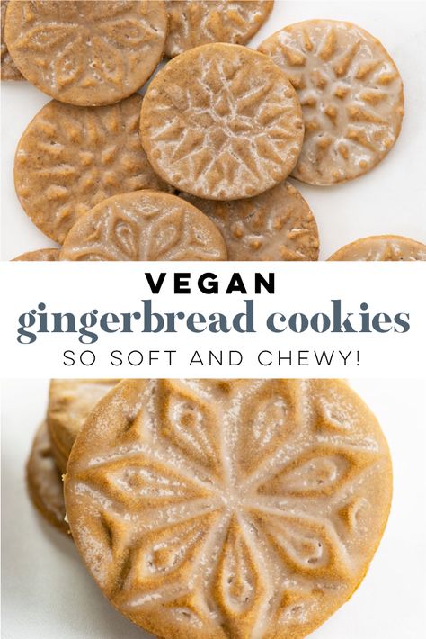 Soft and fluffy vegan gingerbread cookies! Learn how to use a cookie stamp and simple glaze to make these elegant vegan Christmas cookies. | Mindful Avocado #vegangingerbread #vegangingerbreadcookies #gingerbreadcookies #cookiestamp #vegancookies #veganrecipes #vegancookies #christmascookies #mindfulavocado Vegan Avocado Recipes, Vegan Gingerbread Cookies, Vegan Christmas Dinner, Vegan Christmas Cookies, Vegan Sugar Cookies, Best Vegan Desserts, Vegetarian Cookies, Vegan Gingerbread, Vegan Holiday Recipes