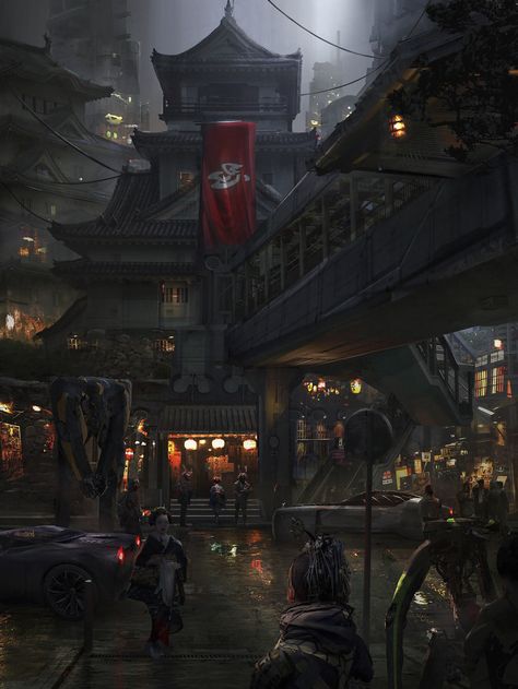 Neo Edo , Eddie Mendoza on ArtStation at https://www.artstation.com/artwork/80kEm Mendoza, Cyberpunk Concept Art, Robot Wallpaper, City Lights At Night, Night Illustration, Building Illustration, Cyberpunk City, Lit Wallpaper, Background Wallpaper For Photoshop