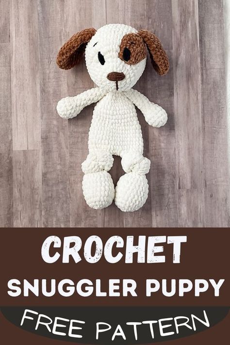 Combine love for crochet and cuddliness with this Puppy Snuggler pattern. This crohet creation is a half blanket and half-stuffed toy. It's irresistible with its eye patch and floppy ears, perfect for enchanting kids and adults alike! Made with Bernat blanket yarn, it is 16 inches tall and lightweight, and it's perfect for cuddles and snuggles. Plus, it's an easy crochet pattern that even beginners can complete with ease. Free Crochet Cuddler Pattern, Puppy Snuggler Crochet, Highland Cow Lovey Pattern, Crochet Lovey Animals Free Patterns, Amigurumi Snuggle Pattern, Beginner Crochet Stuffed Animals Free Patterns, Animal Snuggler Crochet Pattern, Crochet Snuggle Animals, Crochet Floppy Animals