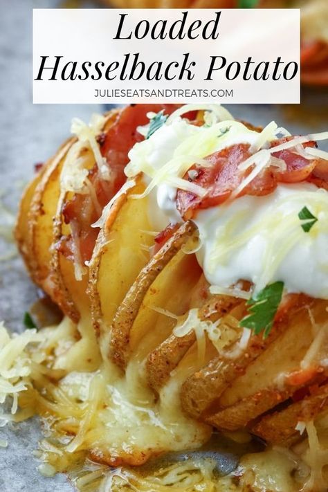 These Loaded Hasselback Potatoes are a quick and easy side dish recipe that takes a baked potato stuffs it with cheese and bacon! Top them with sour cream and enjoy. #bakedpotato #hasselbackpotato via @julieseats Baked Potato Slices, Hasselback Potatoes, Baked Potato Recipes, Potato Recipes Side Dishes, Cheesy Bacon, Side Dish Recipes Easy, Potato Side Dishes, Sliced Potatoes, Happy Foods