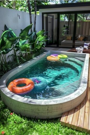 Small Splash Pool Ideas, Small Swimming Pools Backyard Ideas, Mod Pool Ideas, Built In Swim Spa, Small Beach Entry Pool, Small Backyard Ideas With Pool, Tiny Pools For Small Yards, Tiny Pool Ideas, Small Yard Pool