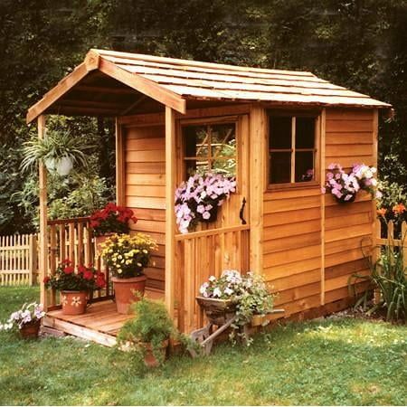 For the plant enthusiast who has everything, the Cedarshed Gardener's Delight makes a distinguished potting house. The sliding windowed door is easy and convenient for out-of-the-way access and allows you to get more usage out of the structure's porch. These DIY 6'x9' and 6'x12' sheds also include two push-out windows that can be positioned on any wall of your choice. Size: 6' x 12'.  Color: Brown. Salons Cottage, Cedar Shed, Wooden Shed, Storage Shed Kits, Shed Office, Shed Construction, Build A Playhouse, Diy Shed Plans, Storage Shed Plans