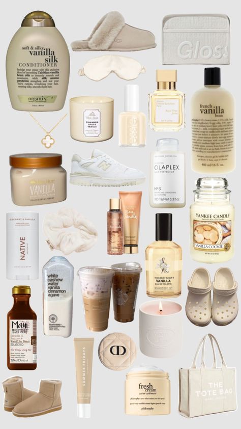 Vanilla Skin Care Products, Vanilla Girl Room Posters, Vanilla Girl Wishlist, Vanilla Skincare, Vanilla Makeup, Vanila Gril Room, Vanillla Girl Asthetic, Vinilla Girl Wallapaper, Glowup Tips