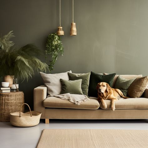 Beige And Green Sofa, Green Living Room Beige Sofa, Beige Sofa Color Schemes, Living Room Green And Beige, Cushion Ideas For Beige Sofa, Fern Green Living Room, Beige With Green Living Room, Green And Stone Living Room, Beige Sofa Green Walls