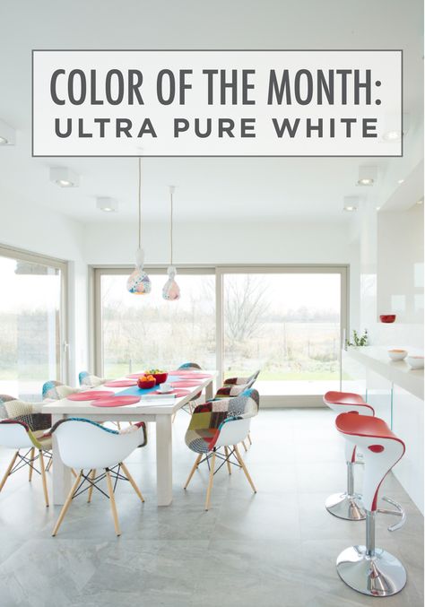 Looking to update your kitchen, family room, or office with a more contemporary twist? Starting off with a base color of white and then adding in pops of color is the way to go. White Walls And Trim, Behr Ultra Pure White, Ultra Pure White Behr, Perfect White Paint, Best White Paint Colors, Painting Trim White, Behr Ultra, Behr Colors, Color Of The Month