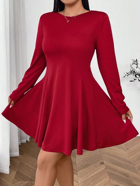 Plus Size Women Red Long Sleeve Round Neck Dress Red   Long Sleeve Fabric   Medium Stretch  Women Plus Clothing, size features are:Bust: ,Length: ,Sleeve Length: Dress Red Long, Red Sundress, Round Neck Dress, Round Neck Dresses, Red Long Sleeve, Red Collar, Fabric Medium, Dress Red, Dress P