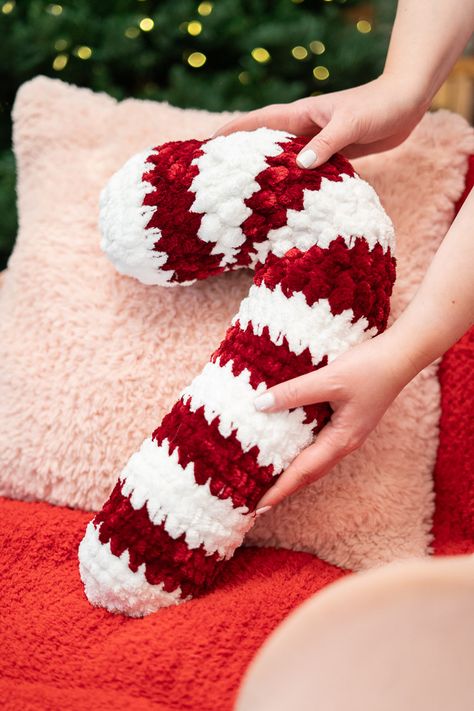 Crochet Candy Cane Pillow Pattern Candy Cane Pillow, Crochet Candy Cane, Christmas Candy Cane Decorations, Crochet Candy, Crochet Mittens Pattern, Crochet Fish, Candy Cane Ornament, Crochet Pillow Pattern, Easy Crochet Stitches