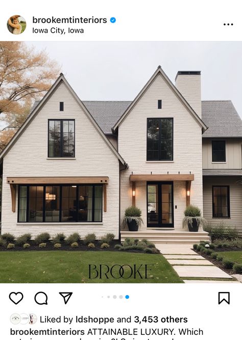 White Home Outside, Dark Brick And Wood Exterior, Craftsman’s Style Exterior, Cream Siding Exterior, New Build Home Exterior, White Brown House Exterior, White And Brown House Exterior Modern, Exterior Home Renovation Ideas, Black Board And Batten House