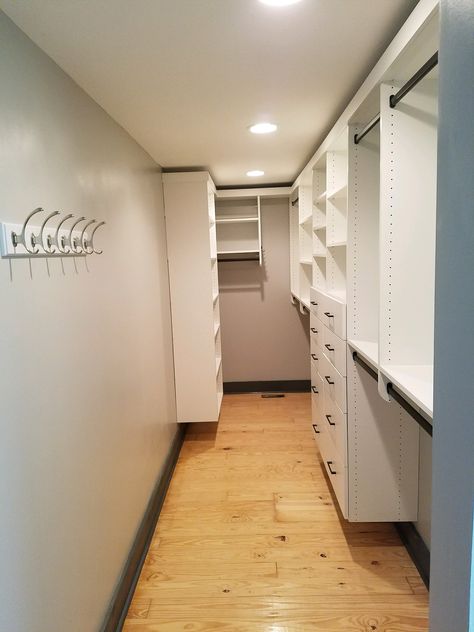 Small Closet Redo, Long Narrow Closet, Narrow Closet Organization, Narrow Walk In Closet, Narrow Closet Design, Narrow Closet, Master Closet Design, Closet Redo, Closet Planning