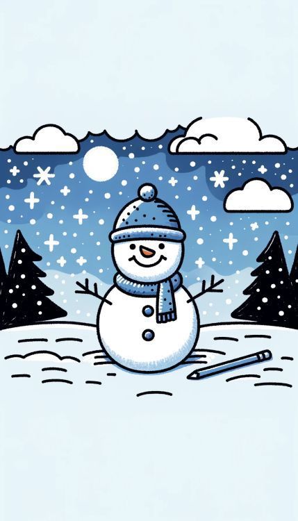 The image illustrates a snowman in a wintry landscape, complete with a smiling face, stick arms outstretched, and wearing a snug hat and scarf. The background features a night sky filled with stars and falling snowflakes, fluffy clouds, and silhouettes of pine trees, creating a picturesque and serene snowy scene. Snow Flakes Painting Ideas, Cute Snowman Drawing Easy, Easy Winter Drawings For Kids, Christmas Drawing Easy For Kids, Winter Drawing Ideas Easy, Winter Easy Drawings, Snowmen Drawings For Kids, Snowy Drawing, Easy Winter Drawings