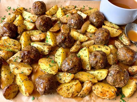 Sheet Pan Meatballs and Potatoes with Gravy Meatballs And Roasted Potatoes, Potato And Meatball Recipes, Meatball Potato Casserole, Meatballs And Potatoes Recipes, Meatball And Potatoes Recipes, Meatball Potato Bake, Sheet Pan Ground Beef, Sheet Pan Meatballs, Meatballs And Potatoes