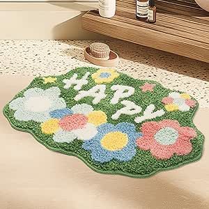 WOFNA Boho Bathroom Rugs 28" x 18"- Cute Bath Mat for Bathroom Boho Decor Non Slip Aabsorbent Washable Retro Floral Rug, Green Thick Small Rug Shower Mat Bathtub Mat Doormat for Living Room Bedroom Bathroom Floor Mat, Bathroom Carpet, Plush Carpet, Happy Flowers, Polyester Rugs, Carpet Decoration, Bedroom Carpet, Bathroom Styling, Bathroom Mats