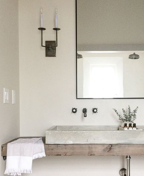 Wabi Sabi Bathroom, Concrete Bathroom Sink, Concrete Vanity, Bathroom Sink Design, Floating Sink, Neutral Bathroom, Concrete Bathroom, Trough Sink, Wooden Vanity