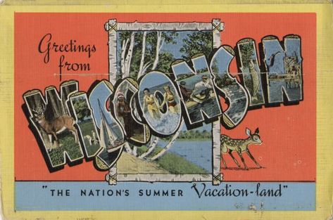 Greetings from WISCONSIN Wisconsin State Flower, Campground Signs, Vintage Wisconsin, Wisconsin Art, Galveston Beach, Wisconsin State, Big Letters, Milwaukee Wisconsin, Large Letters