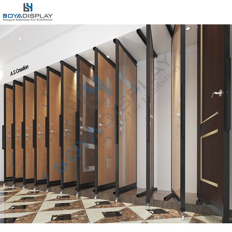 This display rack can be customized according to you need. Door Stand For Display, Door Showroom Design, Door Display Showroom, Tiles Showroom Display Ideas Interior Design, Hardware Showroom Display, Hardware Shop Interior Design, Door Showroom, Fabric Shop Display, Latest Door Designs