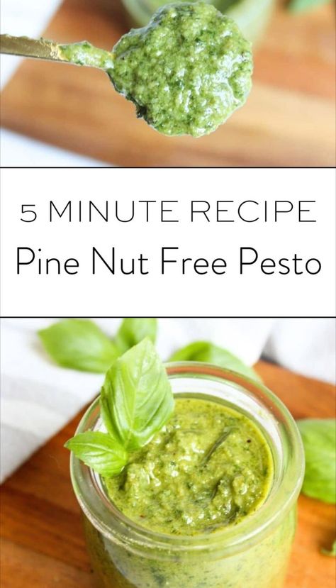 Try this pine nut free pesto recipe made with fresh basil leaves for a delicious homemade sauce. This easy nut free pesto sauce is perfect for those looking for a simple pesto sauce recipe. Learn how to make pesto without pine nuts with this homemade pesto without pine nuts recipe that’s quick and flavorful. Basil Pesto Without Pine Nuts Recipe, Basil Pesto Recipe Without Pine Nuts, Nut Free Pesto Recipe, Nut Free Pesto, Pesto Sauce Recipe, Homemade Pesto Recipe, Make Pesto, Pine Nut Recipes, 5 Minute Meals